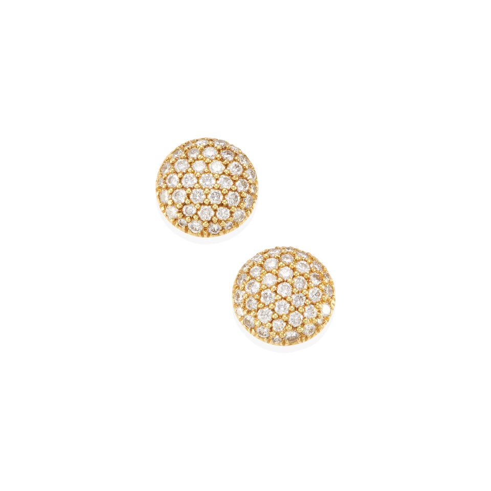 PAIR OF 18K GOLD AND DIAMOND EARRINGS: PAIR OF 18K GOLD AND DIAMOND EARRINGS • 18k yellow gold • Numerous round diamonds weighing approximately 1.35 - 1.45 carat total • Measures 1/2 x 1/2 in. • Estimated gross weig
