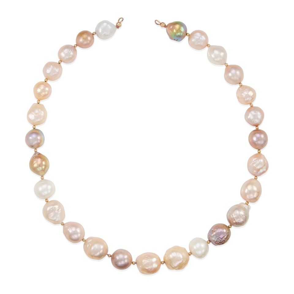 14K GOLD AND CULTURED PEARL STRAND: 14K GOLD AND CULTURED PEARL STRAND • 14k yellow gold • Numerous baroque and semi-round cultured pearls 12.6 - 16.36 mm • Length 19 1/2 in. • Estimated gross weight: 110.8