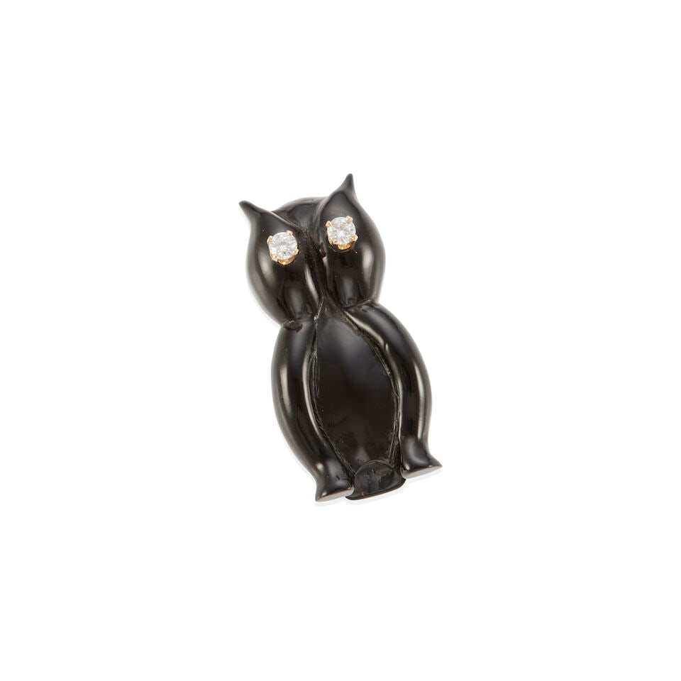 BERNARD K. PASSMAN: 14K GOLD, BLACK CORAL AND DIAMOND OWL OBJECT (1 of 2)