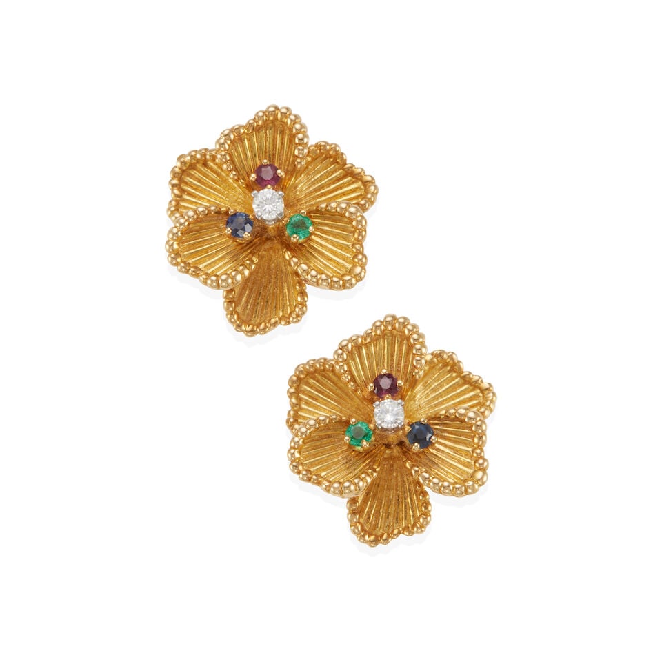 DAN FRERE: PAIR OF 18K GOLD, DIAMOND AND GEM-SET EARCLIPS (1 of 2)