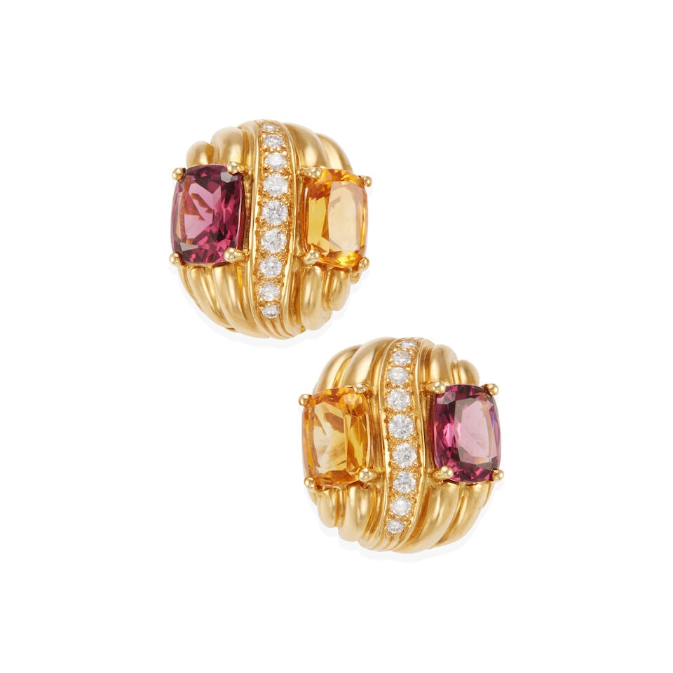 PAIR OF 18K GOLD, DIAMOND, GARNET AND CITRINE EARCLIPS (1 of 2)