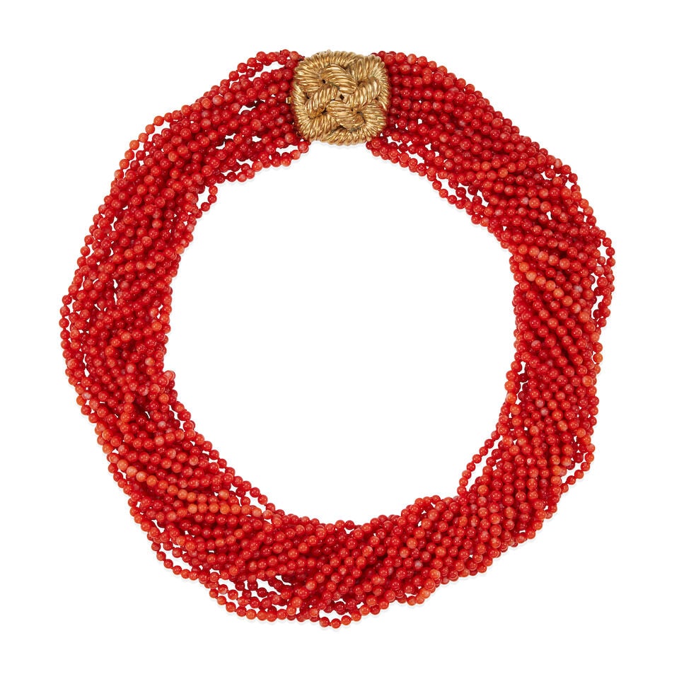 14K GOLD AND CORAL BEAD STRAND NECKLACE (1 of 2)