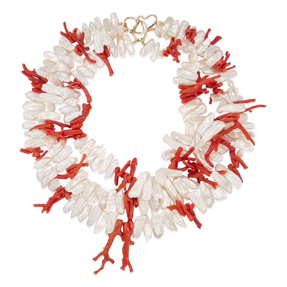 14K GOLD, CULTURED PEARL AND CORAL BEAD NECKLACE: 14K GOLD, CULTURED PEARL AND CORAL BEAD NECKLACE • 14k yellow gold • 3 strands of cultured pearl (17.05 to 28.0 mm) and coral branch (22.7 - 40.0 mm) beads • Length 19 - 20 1/2