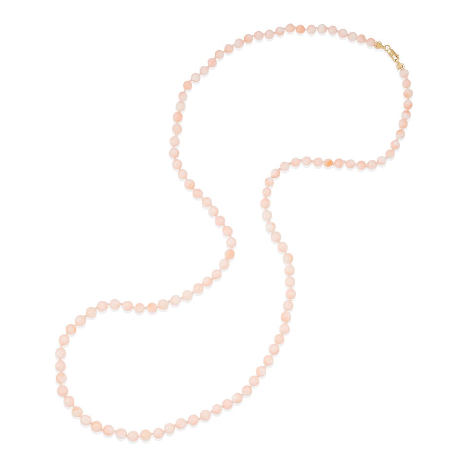 14K GOLD AND CORAL BEAD NECKLACE: 14K GOLD AND CORAL BEAD NECKLACE • 14k yellow gold • Numerous round beads of a graduated size 4.76 - 5.69 mm • Maker's mark • Length 26 in. • Estimated gross weight:
