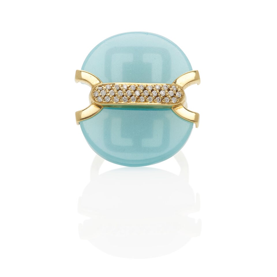 18K GOLD, GLASS AND DIAMOND RING (1 of 3)