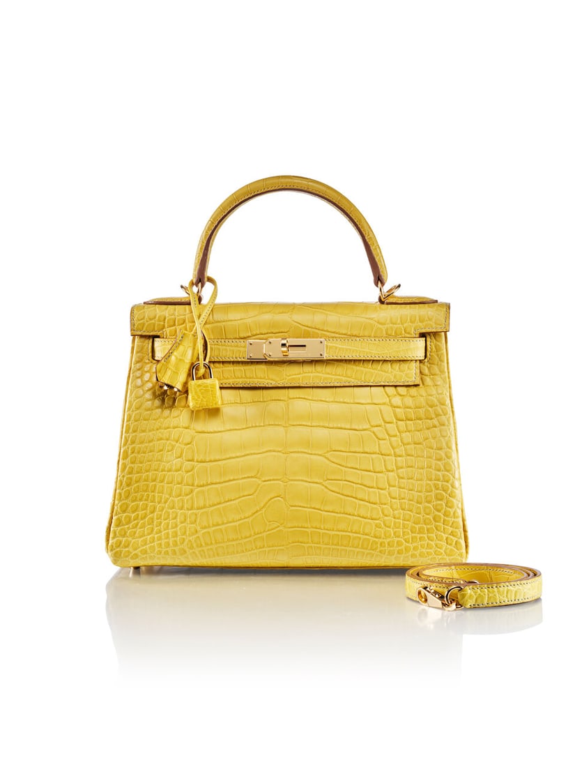 HERMÈS: SPECIAL ORDER MIMOSA AND ARDOISE MATTE ALLIGATOR VERSO RETOURNE KELLY 28 WITH GOLD ... (1 of 4)