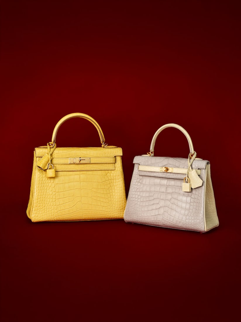 HERMÈS: SPECIAL ORDER GRIS PERLE AND VANILLE MATTE ALLIGATOR RETOURNE KELLY 25 WITH BRUSHED... - 5