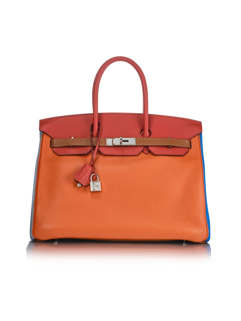 HERMÈS: LIMITED EDITION ORANGE H/SANGUINE/ETAIN/BLEU LIN/BLEU HYDRA/GOLD CLEMENCE BIRKIN 35...: HERMÈS: LIMITED EDITION ORANGE H/SANGUINE/ETAIN/BLEU LIN/BLEU HYDRA/GOLD CLEMENCE BIRKIN 35 WITH PALLADIUM HARDWARE 2013 愛馬仕：限量版愛馬&#