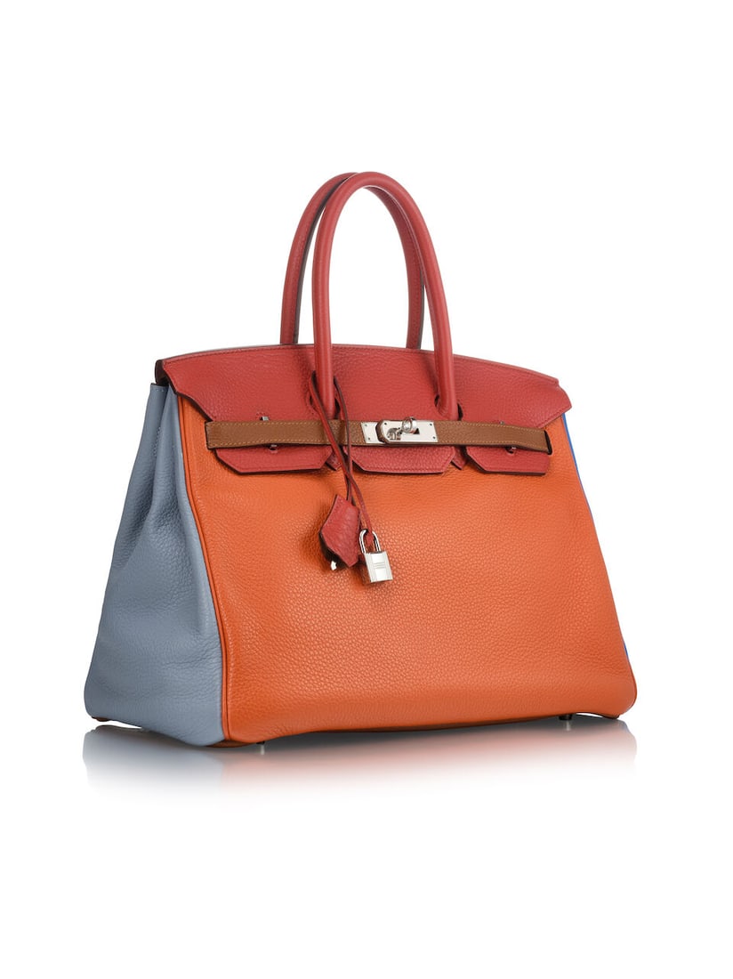 HERMÈS: LIMITED EDITION ORANGE H/SANGUINE/ETAIN/BLEU LIN/BLEU HYDRA/GOLD CLEMENCE BIRKIN 35... - 2