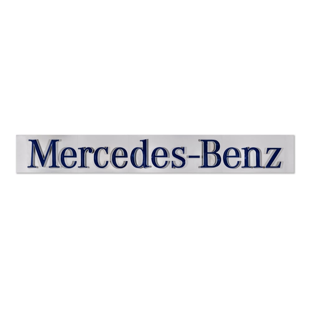 Mercedes-Benz Dealership Sign: Mercedes-Benz Dealership Sign Very large Mercedes-Benz dealership sign, composed of an aluminum backing and blue plastic lettering. Designed for the façades of Mercedes-Benz dealerships. This sig