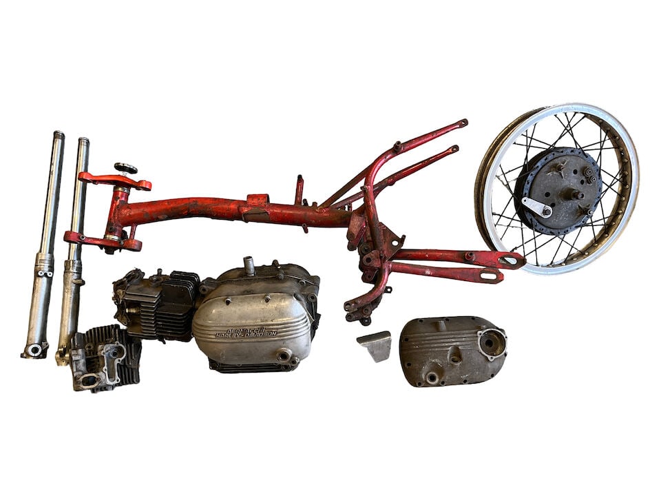An Aermacchi Racing Motorcycle Project: An Aermacchi Racing Motorcycle Project comprising frame, numbered AERDAV250N*141033* with upper and rear yokes and rear swinging arm attached; fork legs; engine, numbered *210724*; spare cylinder head