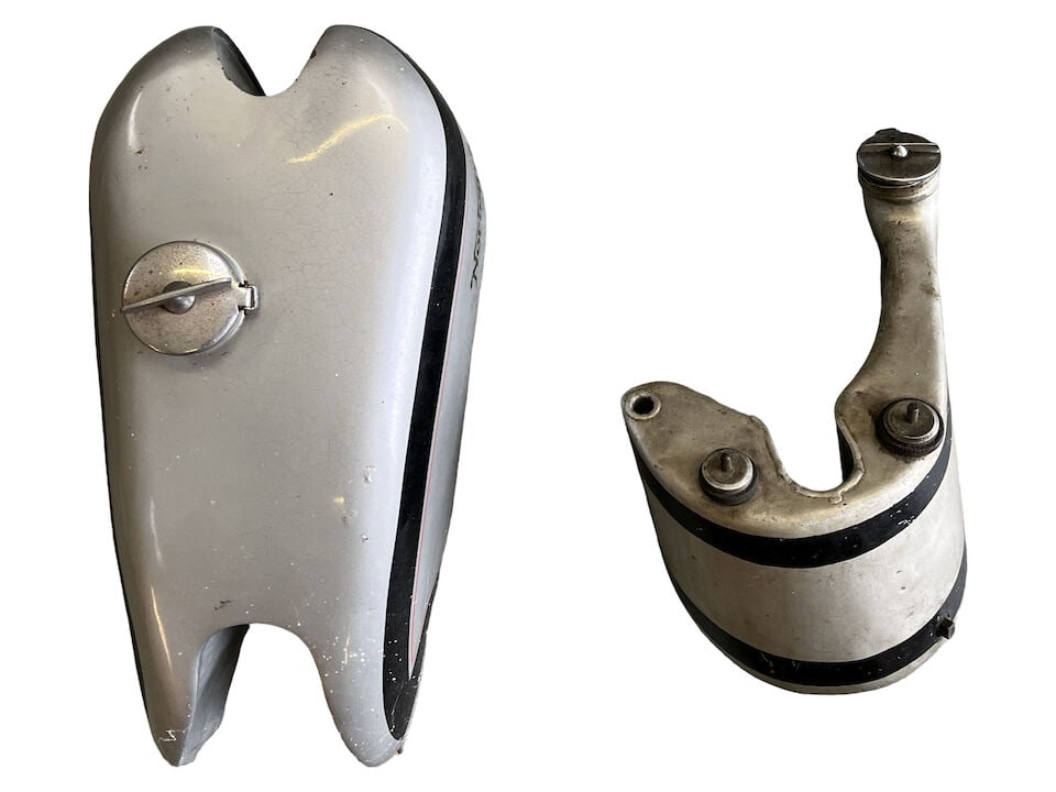 A Norton Petrol Tank: A Norton Petrol Tank believed possibly CS1; together with a Manx type oil tank. Condition and completeness unknown. Prospective bidders must satisfy themselves as to the condition, completeness, authe