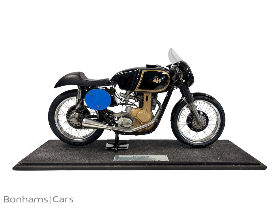 A fine scratchbuilt 1:4 scale model of a 1962 AJS-7R motorcycle, by Glen English (1 of 4)