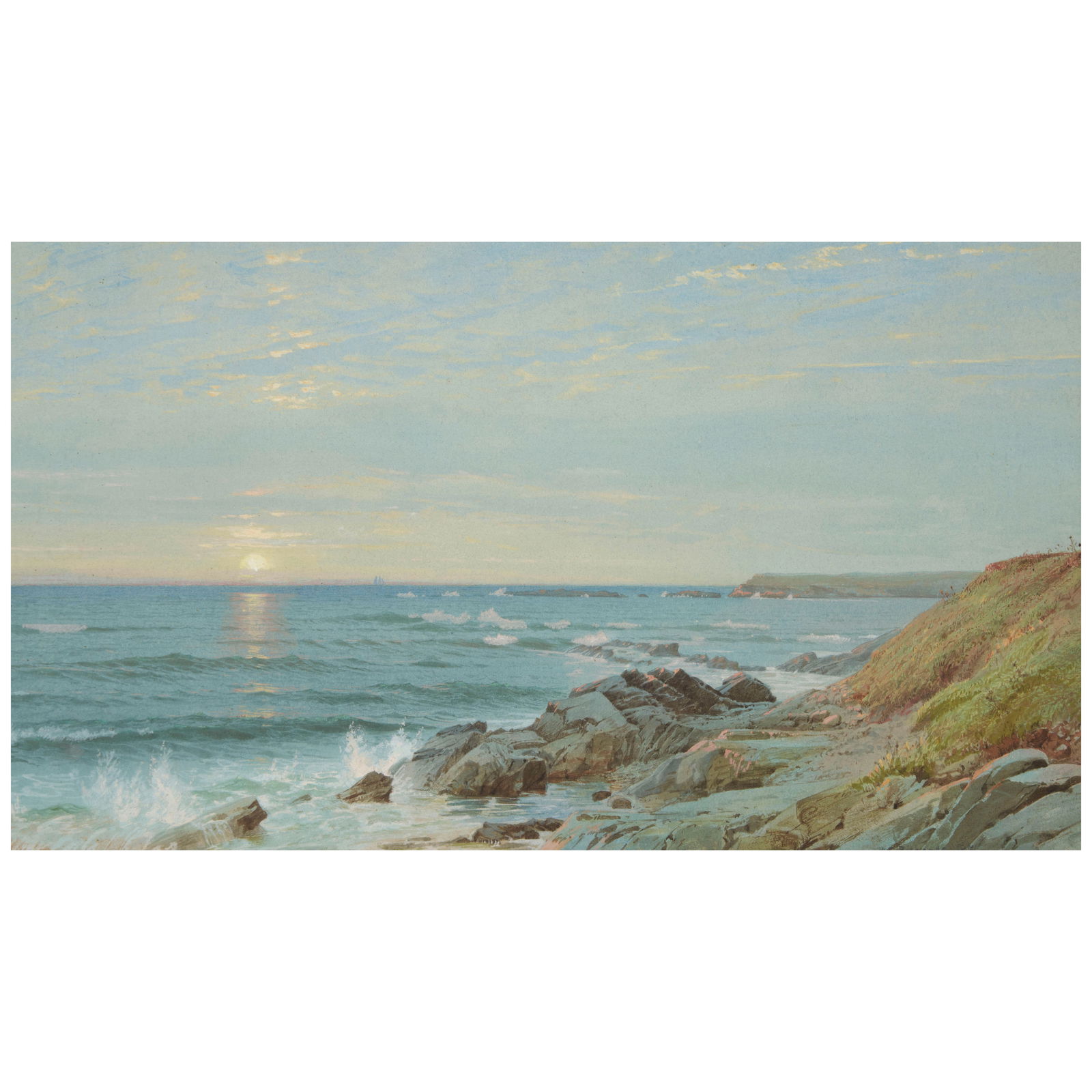 William Trost Richards (1833-1905) Sunrise at Newport sheet size 8 x 13 3/4 in. (20.3 x 34.9 cm....: William Trost Richards (1833-1905) Sunrise at Newport signed and dated 'W.T. Richards 1871' (lower right) watercolor on paper sheet size 8 x 13 3/4 in. (20.3 x 34.9 cm.) Executed in 1871. Footnotes: P