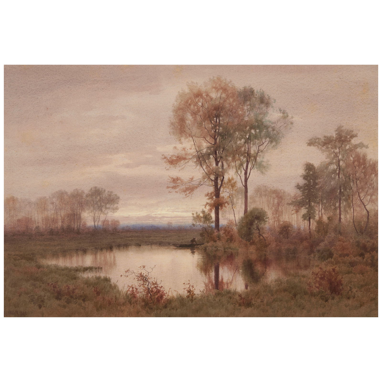 Henry Farrer (1843-1903) Man in a Boat on a Pond sheet 17 x 25 in. (43.2 x 63.5 cm.) (Executed ...: Henry Farrer (1843-1903) Man in a Boat on a Pond signed and dated 'H. Farrer 1889' (lower left) watercolor on paper sheet size 17 x 25 in. (43.2 x 63.5 cm.) Executed in 1889. Footnotes: Provenance