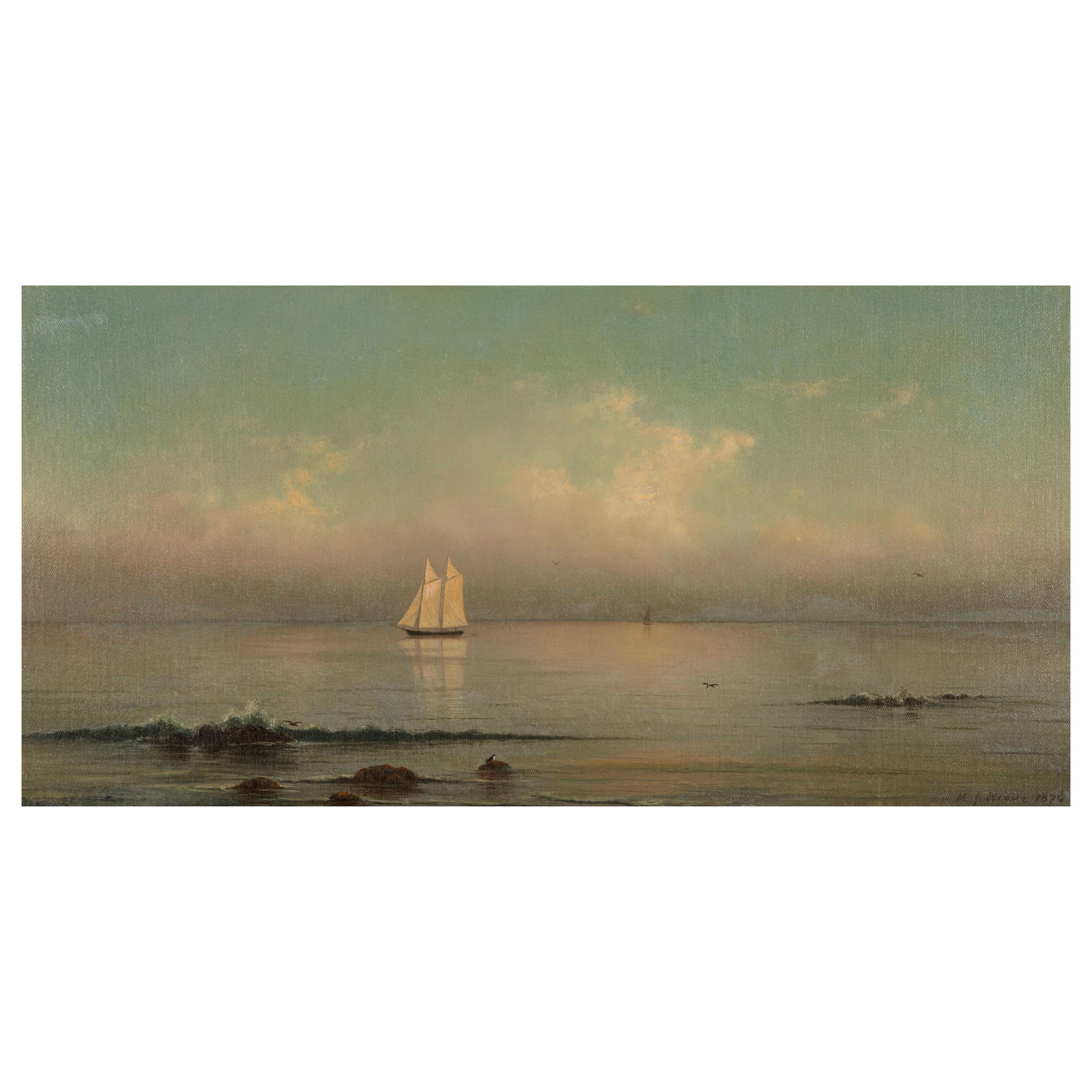 Martin Johnson Heade (1819-1904) Becalmed, Long Island Sound 14 x 29 in. (35.6 x 73.7 cm.) (Pai...: Martin Johnson Heade (1819-1904) Becalmed, Long Island Sound signed and dated 'M.J. Heade 1876' (lower right) and inscribed 'Off the Thimble Islands' (on the reverse prior to lining) oil on twill canv