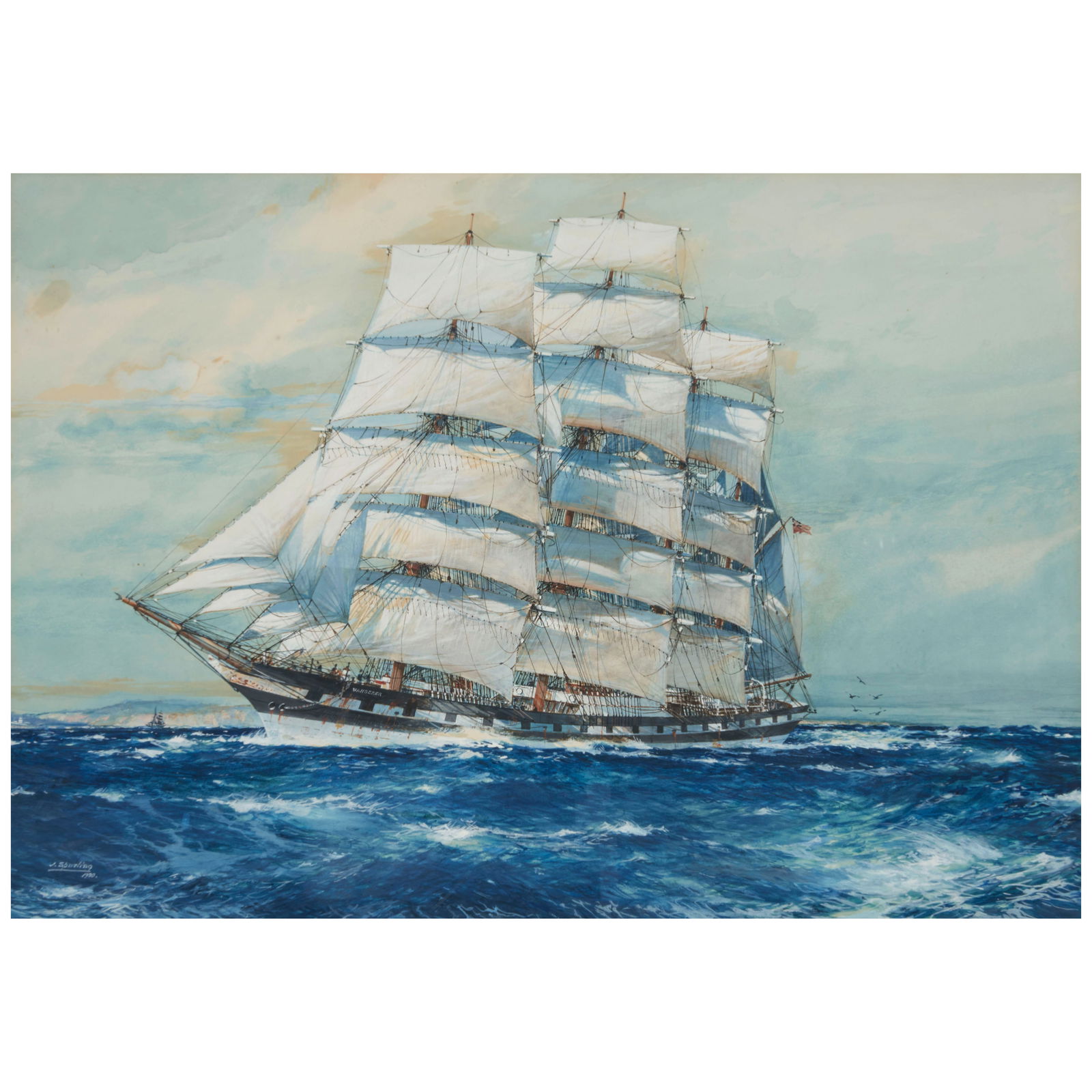 John (Jack) Robert Charles Spurling (British, 1870-1933) The Steel Four-Masted Barque 'Wanderer'...: John (Jack) Robert Charles Spurling (British, 1870-1933) The Steel Four-Masted Barque 'Wanderer' signed and dated 'J. Spurling / 1930.' (lower left) and titled in a printed inscription (on the mat's l