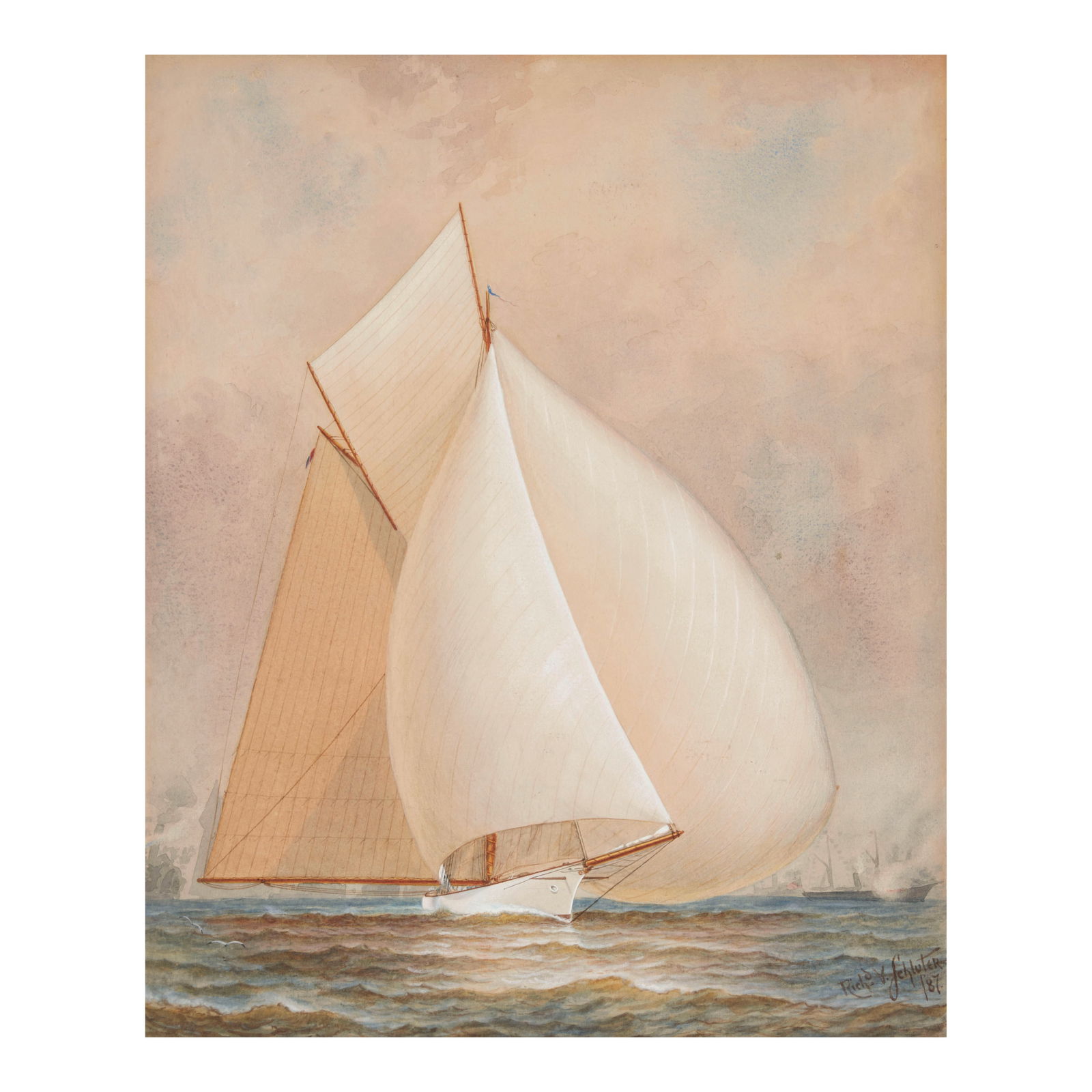 Richard Schluter (20th Century) America's Cup Race, 1887 - Volunteer vs. Thistle sheet size 17 ...: Richard Schluter (20th Century) America's Cup Race, 1887 - Volunteer vs. Thistle signed and dated 'Richd. V. Schluter 87' (lower right) watercolor on paper sheet size 17 x 14 in. (43.1 x 35.5 cm.) Ex