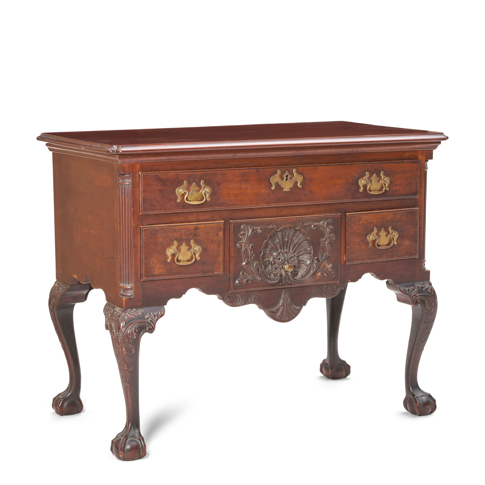 Chippendale Mahogany and Poplar Lowboy Philadelphia, Pennsylvania, c. 1760 and later: Chippendale Mahogany and Poplar Lowboy Philadelphia, Pennsylvania, c. 1760 and later Single-board top slightly overhanging case with fluted quarter columns flanking four dovetailed and nailed drawers,