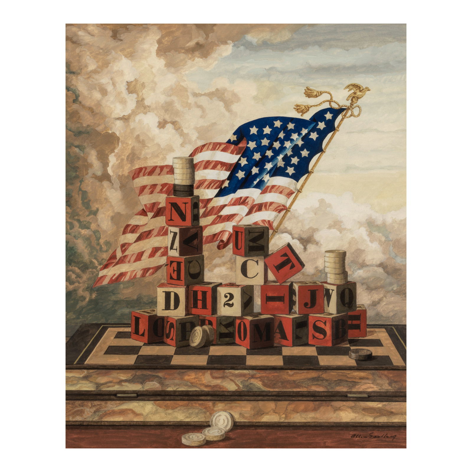 Allen Saalburg (1899-1987) Flag on a Checkerboard with Blocks 18 5/8 x 15 1/4 in. (47.3 x 38.7 cm.): Allen Saalburg (1899-1987) Flag on a Checkerboard with Blocks signed 'Allen Saalburg' (lower right) gouache on board 18 5/8 x 15 1/4 in. (47.3 x 38.7 cm.)