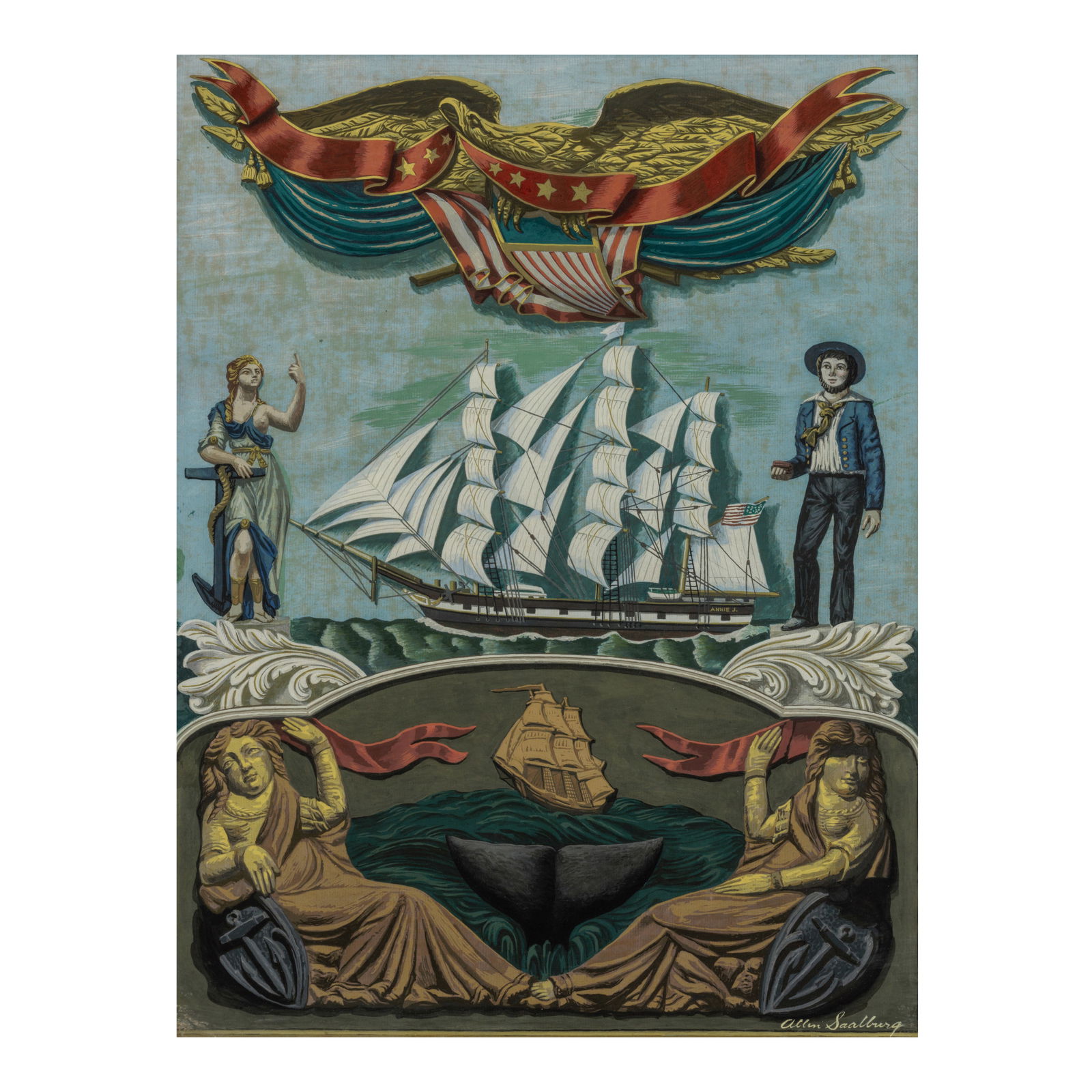 Allen Saalburg (1899-1987) Nautical Carving 22 1/2 x 17 1/2 in. (57.2 x 44.5 cm.): Allen Saalburg (1899-1987) Nautical Carving signed 'Allen Saalburg' (lower right) gouache on board 22 1/2 x 17 1/2 in. (57.2 x 44.5 cm.)