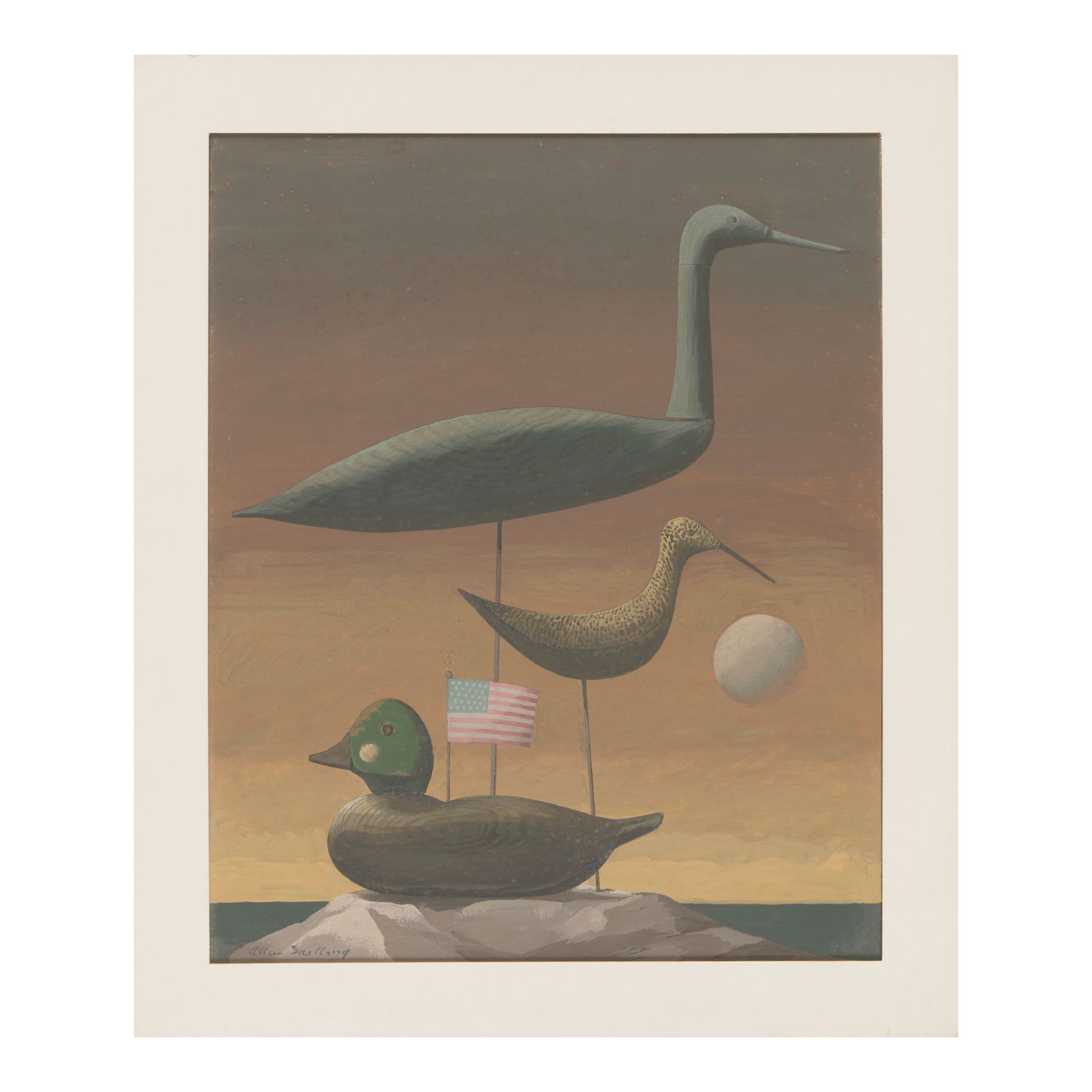 Allen Saalburg (1899-1987) Decoys Against a Sunset Seascape sight size 18 3/4 x 15 in. (47.6 x 3...: Allen Saalburg (1899-1987) Decoys Against a Sunset Seascape signed 'Allen Saalburg' (lower left) gouache on board sight size 18 3/4 x 15 in. (47.6 x 38.1 cm.)