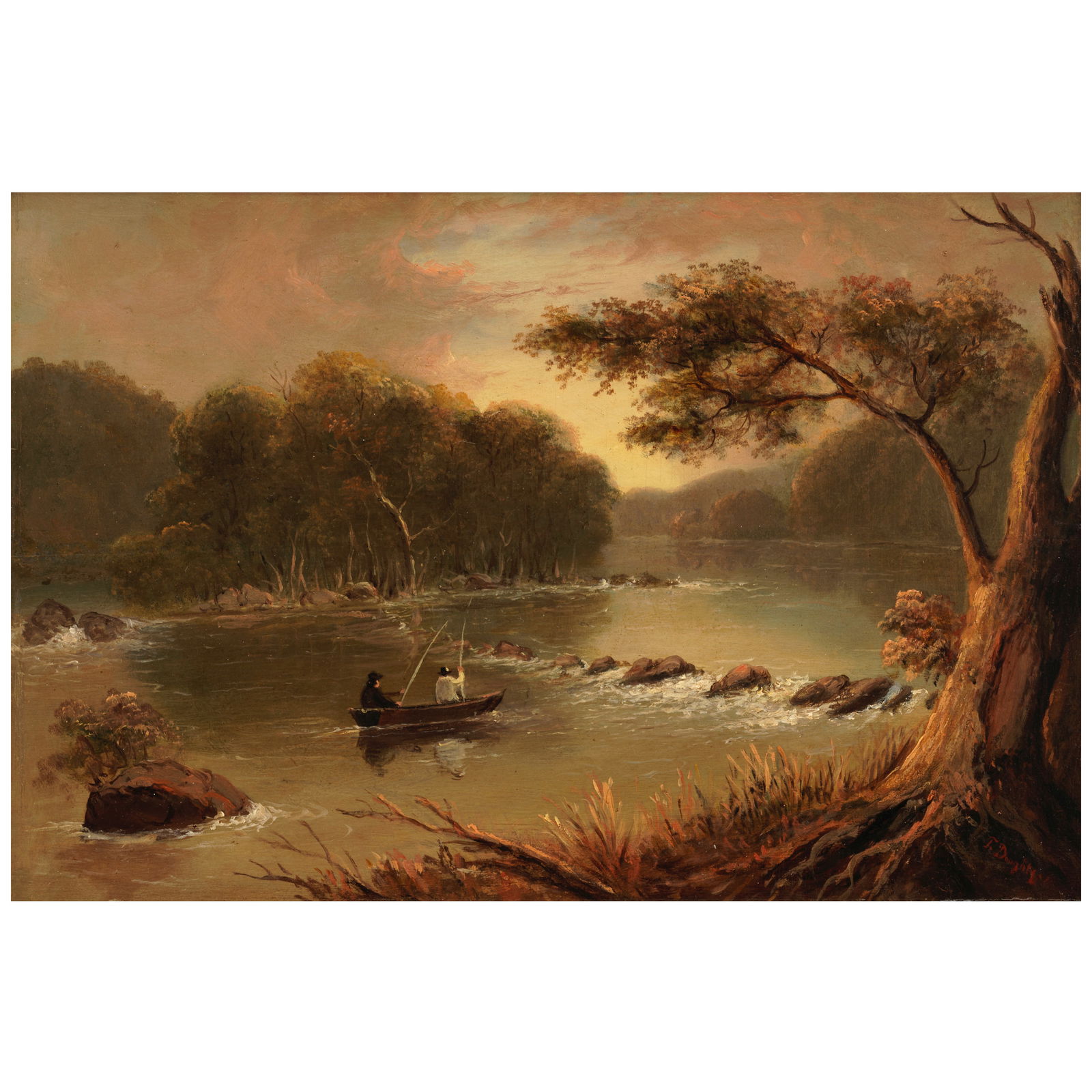 Thomas Doughty (1793-1856) Fisherman on a River 11 3/4 x 17 in. (29.8 x 43.2 cm.): Thomas Doughty (1793-1856) Fisherman on a River signed 'T. Doughty' (lower right) oil on panel 11 3/4 x 17 in. (29.8 x 43.2 cm.) Footnotes: Provenance Mr. and Mrs. I. David Orr, New York. By desce