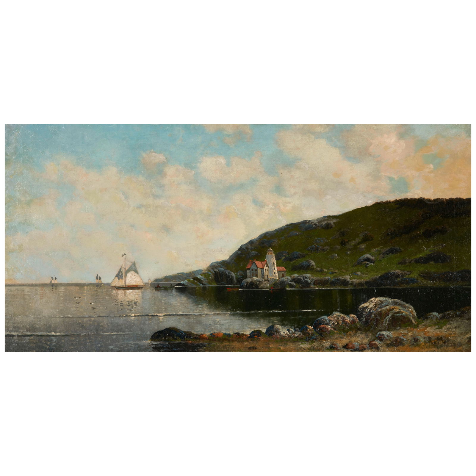 Alfred Thompson Bricher (1837-1908) Sailing by the Lighthouse 18 x 36 1/8 in. (45.7 x 91.8 cm.): Alfred Thompson Bricher (1837-1908) Sailing by the Lighthouse signed 'AT BRICHER' (lower right) oil on canvas 18 x 36 1/8 in. (45.7 x 91.8 cm.) Footnotes: Provenance A private Connecticut collection.<