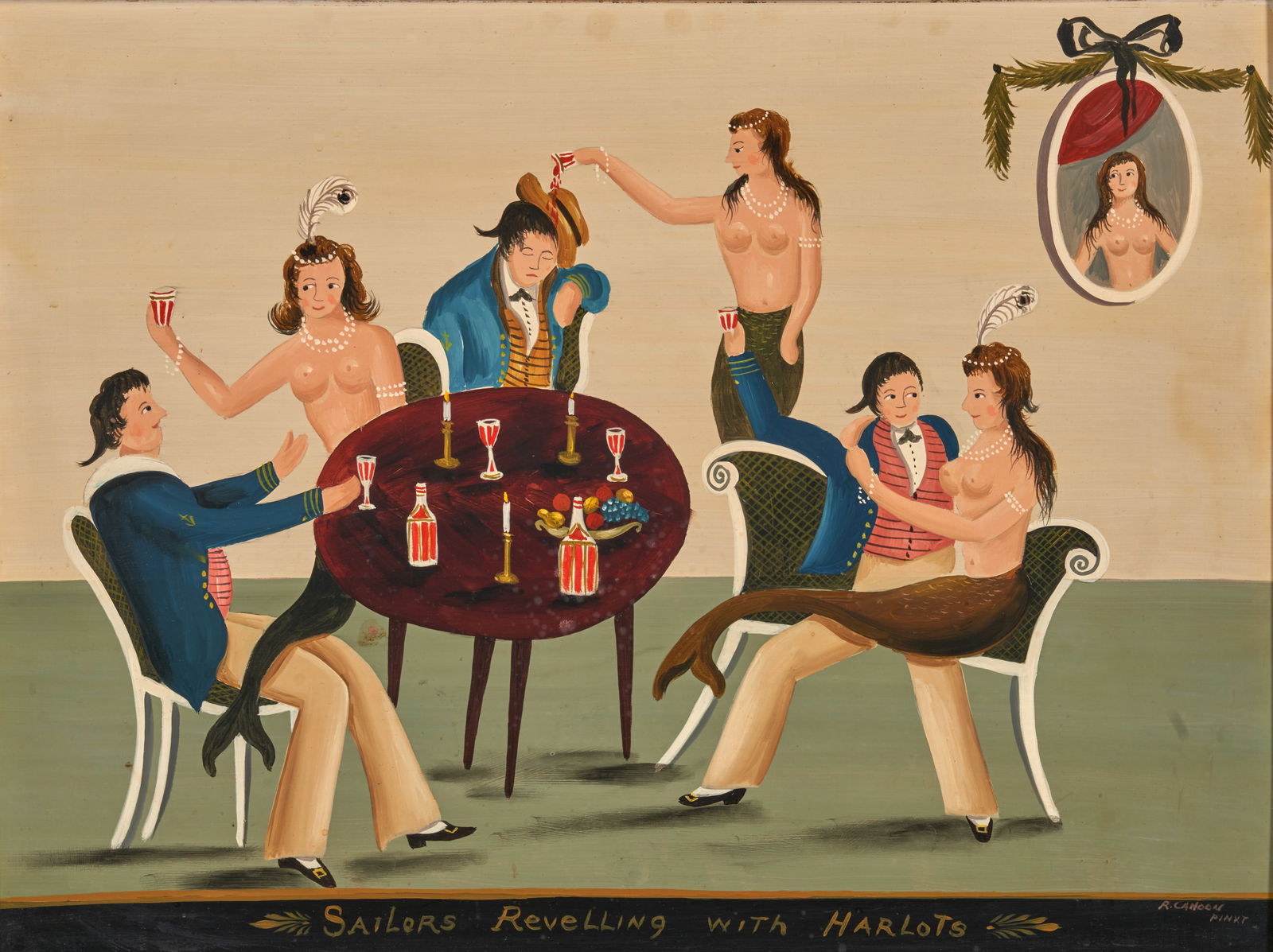 Ralph Eugene Cahoon (1910-1982) Sailors Reveling with Harlots 17 3/4 x 23 3/4 in. (45.1 x 60.3 cm.): Ralph Eugene Cahoon (1910-1982) Sailors Reveling with Harlots signed 'R. Cahoon Pinxt' (lower right) oil on Masonite in a giltwood frame 17 3/4 x 23 3/4 in. (45.1 x 60.3 cm.) Footnotes: Provenance<