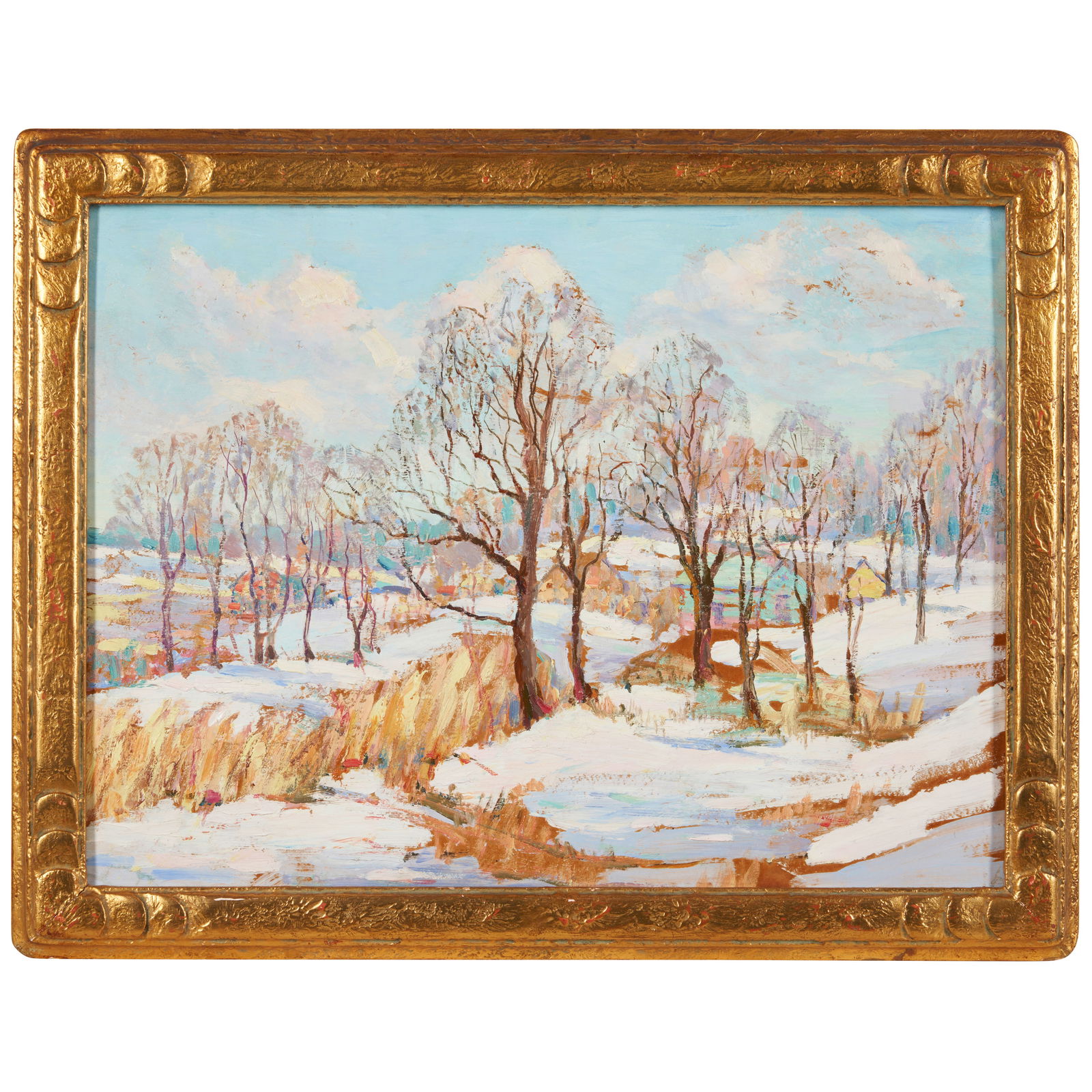 Ernest Lawson (1873-1939) Village in Winter 12 x 16 in. (30.5 x 40.6 cm.): Ernest Lawson (1873-1939) Village in Winter signed 'E. Lawson' (on the reverse) oil on board in the original frame 12 x 16 in. (30.5 x 40.6 cm.) Footnotes: Provenance The collection of Dr. Joseph Arms