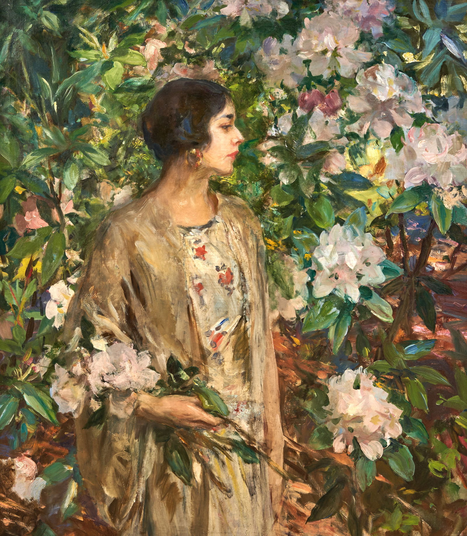 Irving Ramsey Wiles (1861-1948) Glad and Rhododendron 46 x 40 in. (116.8 x 101.6 cm.) (Painted c...: Irving Ramsey Wiles (1861-1948) Glad and Rhododendron inscribed indistinctly with title (on the turnover) oil on canvas 46 x 40 in. (116.8 x 101.6 cm.) Painted circa 1927. Footnotes: Provenance
