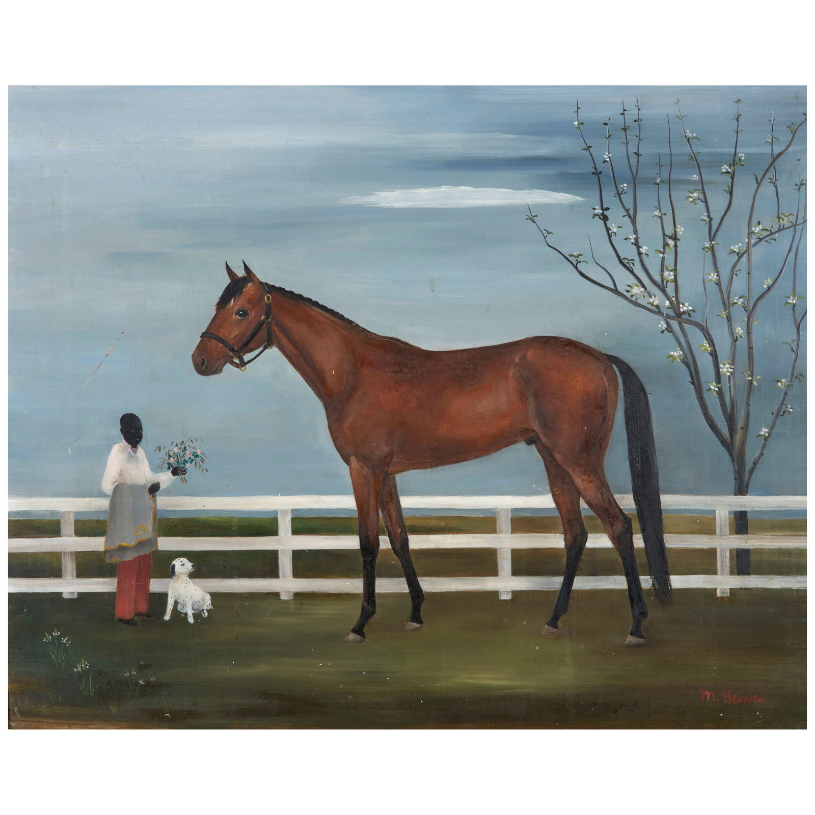 Madeline Hewes (circa 1912-1969) The Thoroughbred 'Potpourri' 16 x 20 in. (40.6 x 50.8 cm.) (Pai...: Madeline Hewes (circa 1912-1969) The Thoroughbred 'Potpourri' signed 'M. Hewes' (lower right) and titled on a label from Maynard Walker, New York (affixed to the reverse) oil on Masonite 16 x 20 in. (