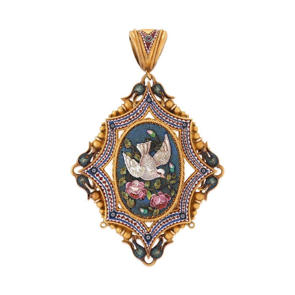 AN ANTIQUE GOLD AND MICROMOSAIC PENDANT/BROOCH, CIRCA 1880: AN ANTIQUE GOLD AND MICROMOSAIC PENDANT/BROOCH, CIRCA 1880 The shaped micromosaic pendant/brooch depicting a dove with pink roses, within a geometric motif border, and framed by a gold bead and