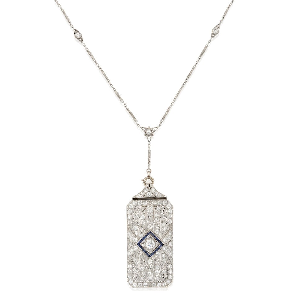 AN ART DECO PLATINUM AND DIAMOND CONVERTIBLE PENDANT/BROOCH AND CHAIN (1 of 7)