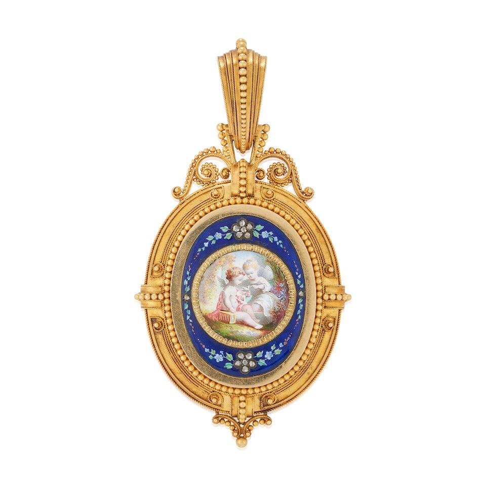 AN ANTIQUE GOLD, ENAMEL, AND DIAMOND PENDANT: AN ANTIQUE GOLD, ENAMEL, AND DIAMOND PENDANT Centering an enamel scene depicting Cupid and Psyche with a dove, bordered by blue enamel with floral and foliate motifs, set with rose-cut diamonds,