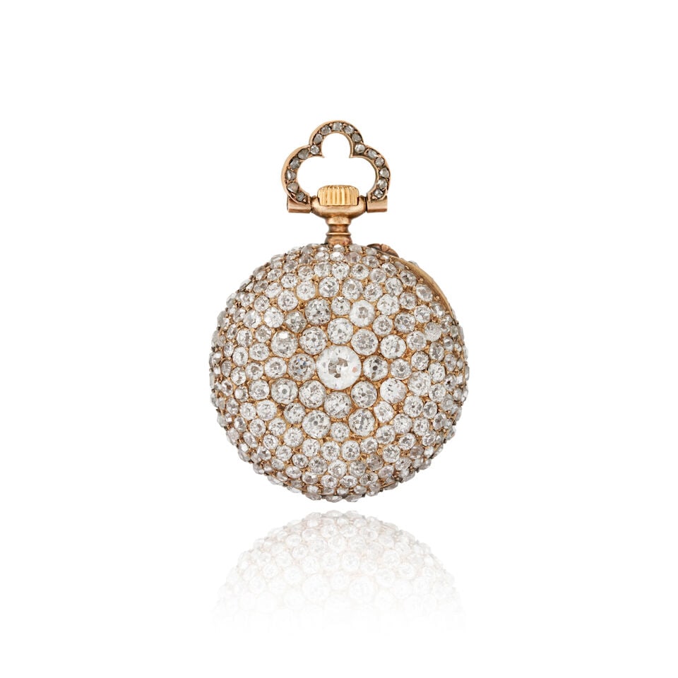 A. GOLAY LERESCHE & FILS: AN ANTIQUE GOLD AND DIAMOND OPEN FACE POCKET WATCH: A. GOLAY LERESCHE & FILS: AN ANTIQUE GOLD AND DIAMOND OPEN FACE POCKET WATCH The case set with old mine-cut diamonds, with rose-cut diamond bezel, approximate total weight 5.50 carats, the enamel