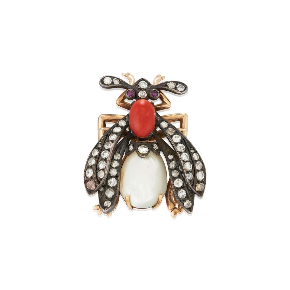 A DIAMOND, CORAL, AND MOTHER-OF-PEARL INSECT BROOCH (1 of 5)
