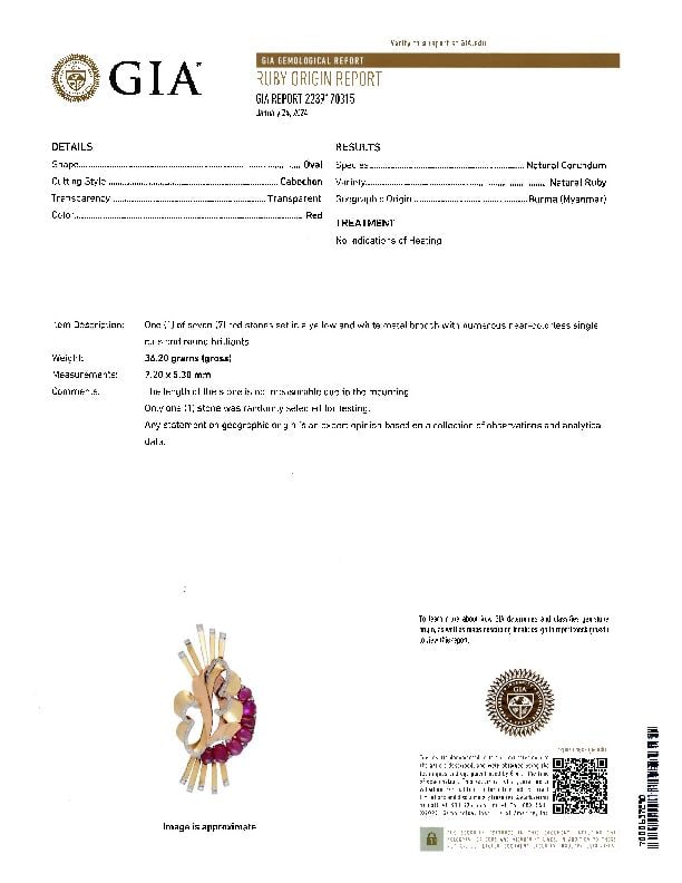 TRABERT & HOEFFER MAUBOUSSIN: A RETRO 14K GOLD, RUBY, AND DIAMOND 'REFLECTION' BROOCH - 6