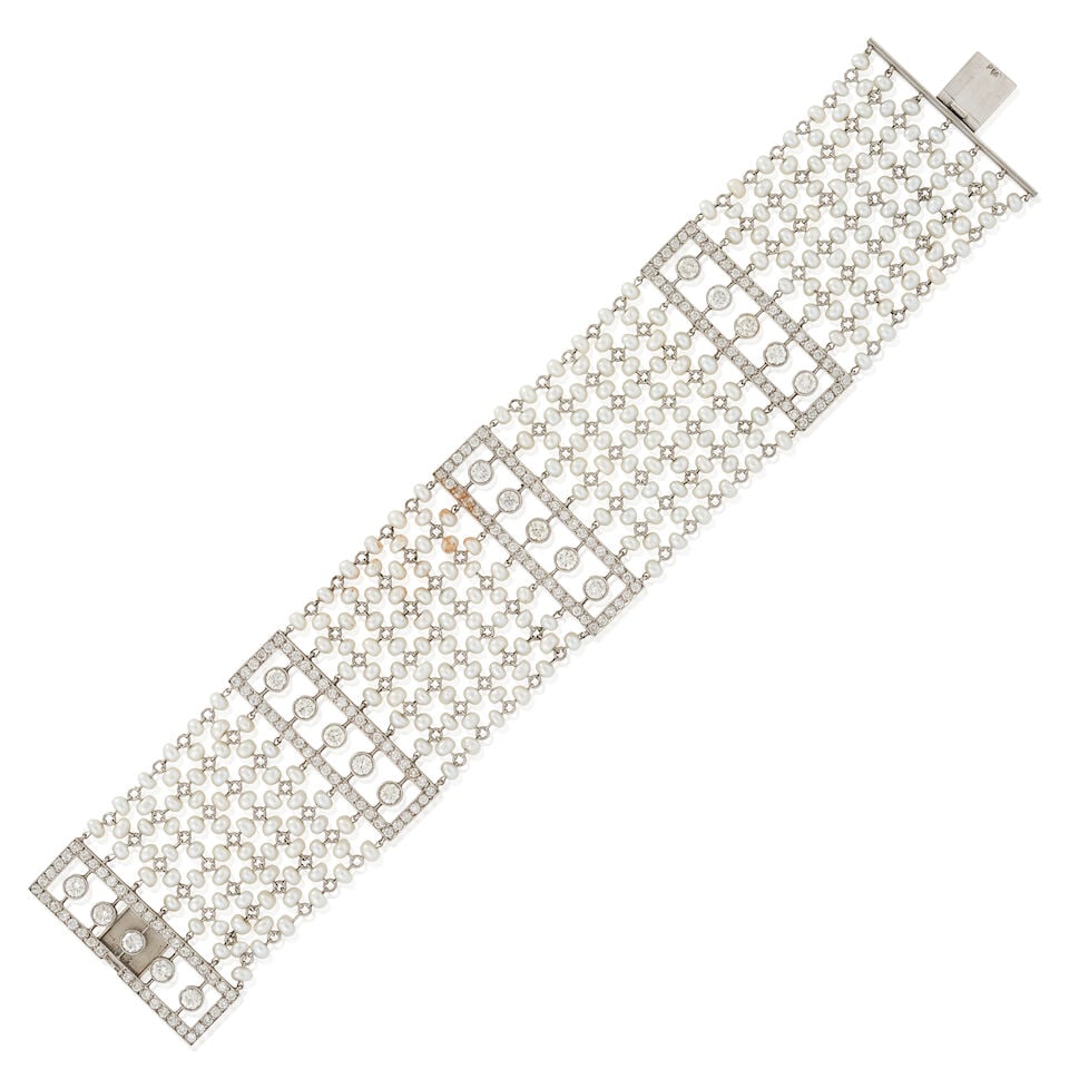 A PLATINUM, CULTURED PEARL, AND DIAMOND BRACELET: A PLATINUM, CULTURED PEARL, AND DIAMOND BRACELET The plaques set with full-cut diamonds, approximate total weight 4.75 carats, joined by platinum and cultured pearl mesh, weight 24.9 dwt, length 7