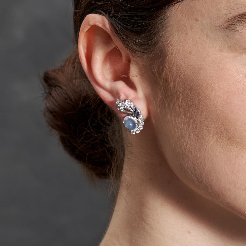 A PAIR OF PLATINUM, MOONSTONE, SAPPHIRE, AND DIAMOND EARCLIPS, CIRCA 1950 - 3