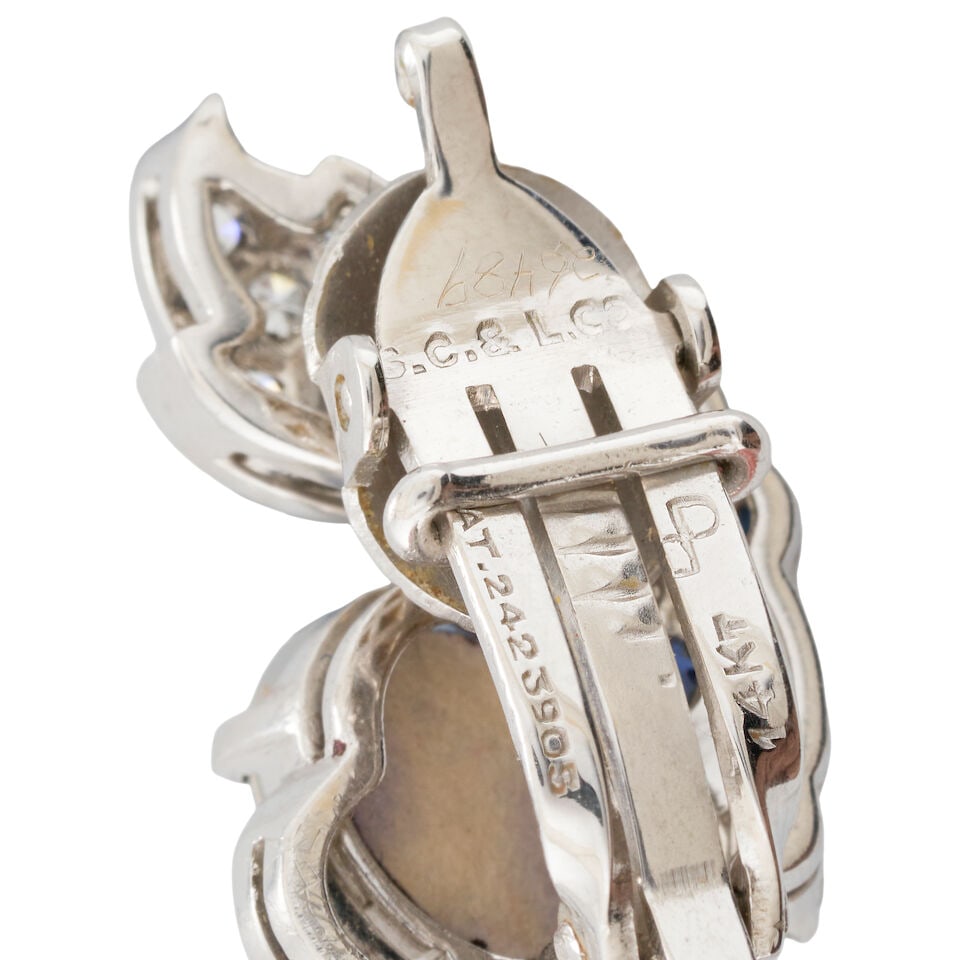 A PAIR OF PLATINUM, MOONSTONE, SAPPHIRE, AND DIAMOND EARCLIPS, CIRCA 1950 - 4