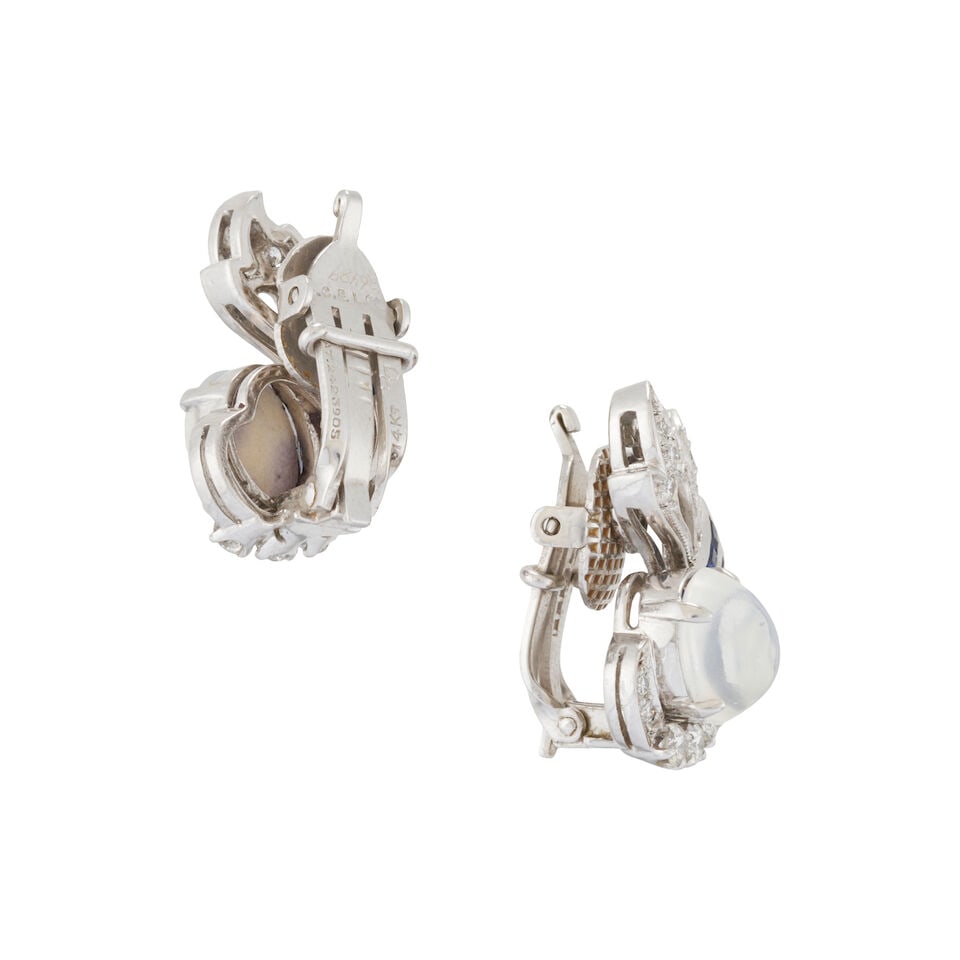 A PAIR OF PLATINUM, MOONSTONE, SAPPHIRE, AND DIAMOND EARCLIPS, CIRCA 1950 - 5