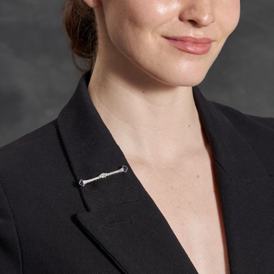 TIFFANY & CO.: AN ART DECO PLATINUM, SAPPHIRE, AND DIAMOND BAR PIN - 2