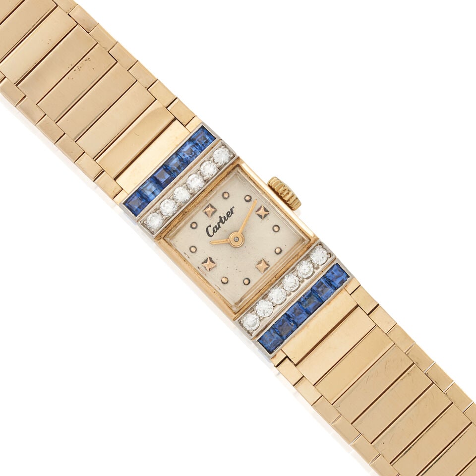 CARTIER: A 14K GOLD, SAPPHIRE, AND DIAMOND WRISTWATCH, CIRCA 1950 - 5