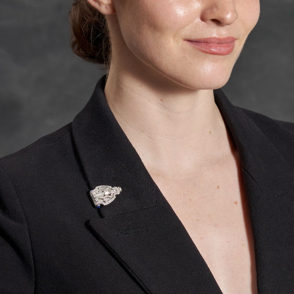 AN ART DECO PLATINUM, SAPPHIRE, AND DIAMOND DRESS CLIP - 2