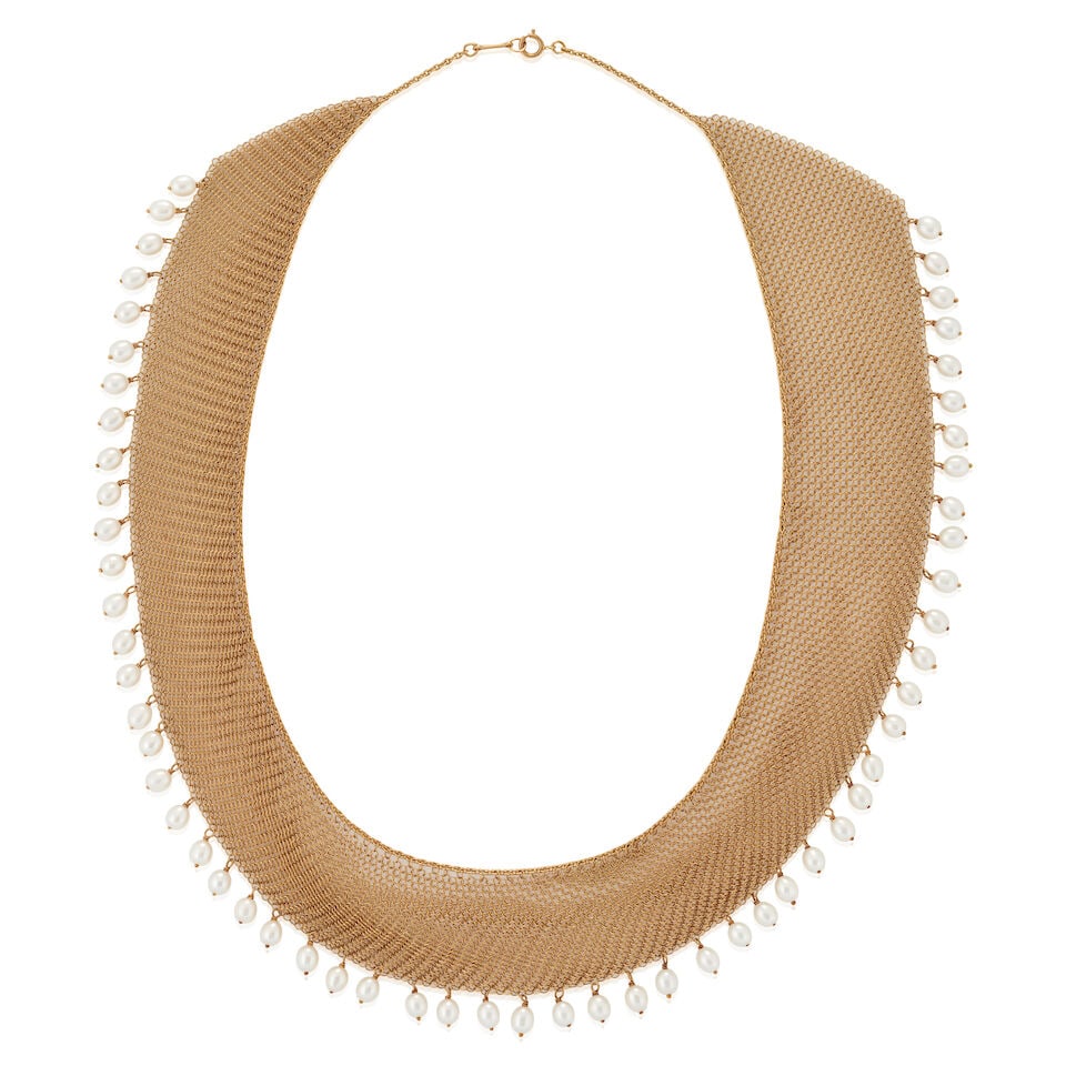 ELSA PERETTI FOR TIFFANY & CO.: AN 18K GOLD AND FRESHWATER CULTURED PEARL NECKLACE: ELSA PERETTI FOR TIFFANY & CO.: AN 18K GOLD AND FRESHWATER CULTURED PEARL NECKLACE The fine gold mesh collar necklace suspending freshwater cultured pearl fringe, the pearls ranging in size from appro