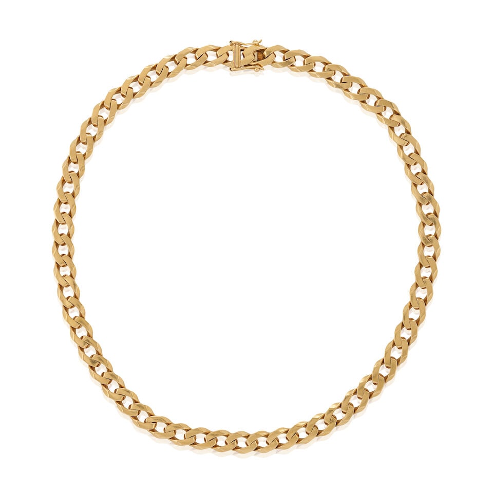 TIFFANY & CO.: AN 18K GOLD NECKLACE, WEST GERMANY: TIFFANY & CO.: AN 18K GOLD NECKLACE, WEST GERMANY Composed of flattened curb links, weight 48.9 dwt, signed Tiffany & Co., Germany West, length 16 3/4 in. For further information on this lot