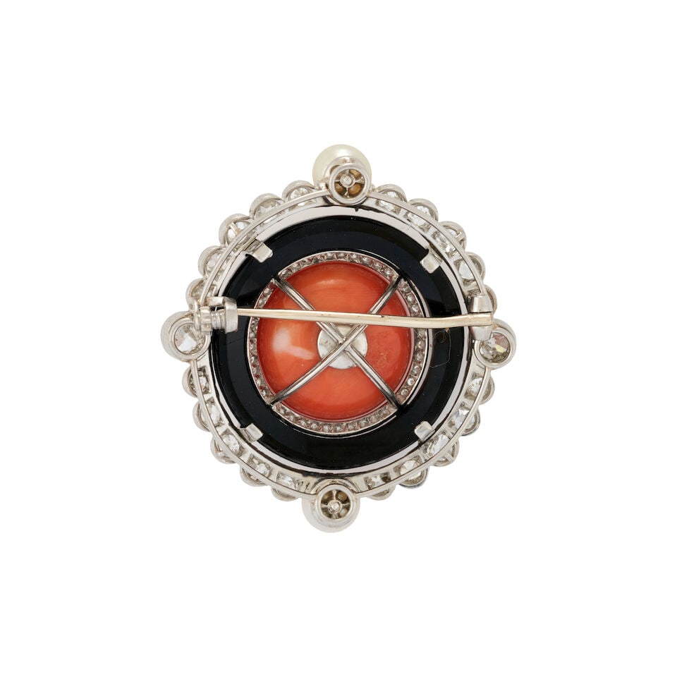 A CORAL, ONYX, PEARL, AND DIAMOND BROOCH - 3