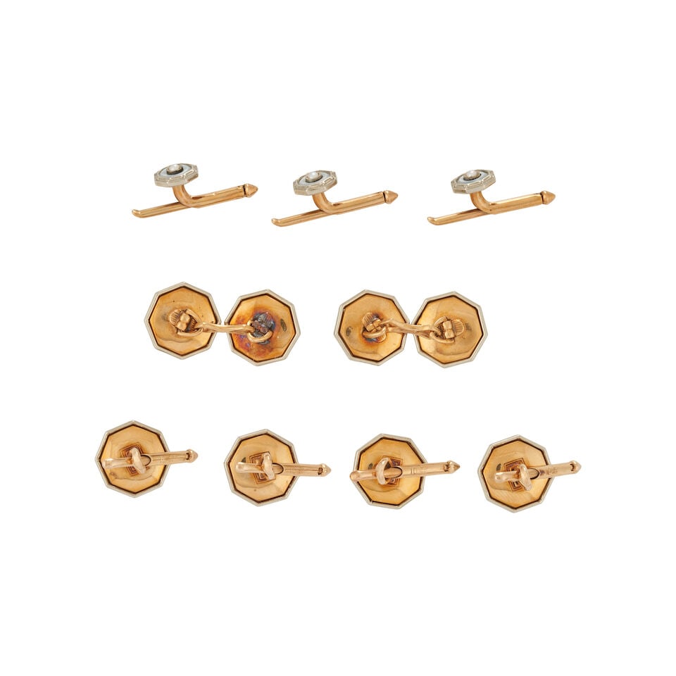 LARTER & SONS: AN ART DECO BI-COLOR GOLD, MOTHER-OF-PEARL, AND SEED PEARL DRESS SET - 3