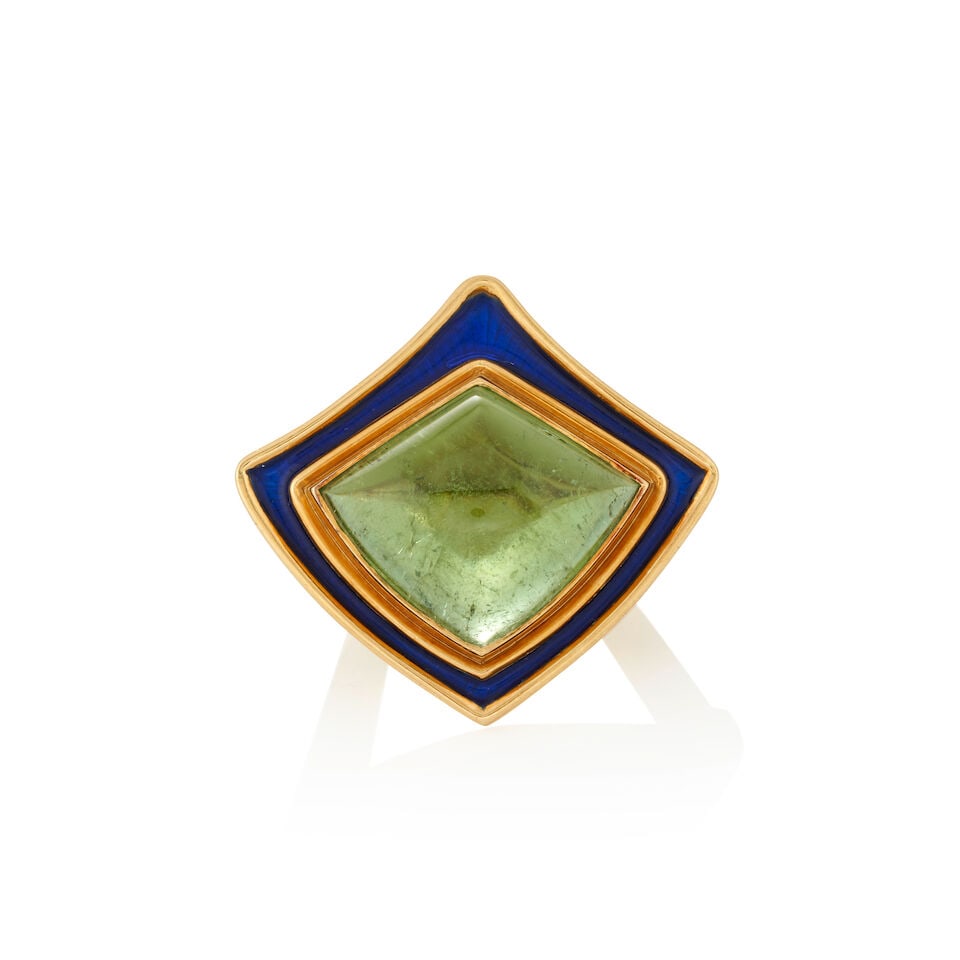 ELIZABETH GAGE: AN 18K GOLD, ENAMEL, AND TOURMALINE RING, ENLAND - 5